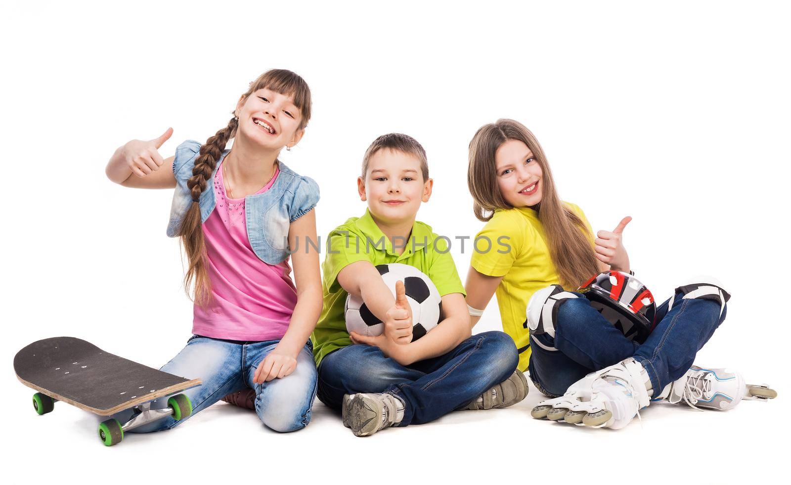 laughing schoolchildren with sport equipment on the floor isolated on white background