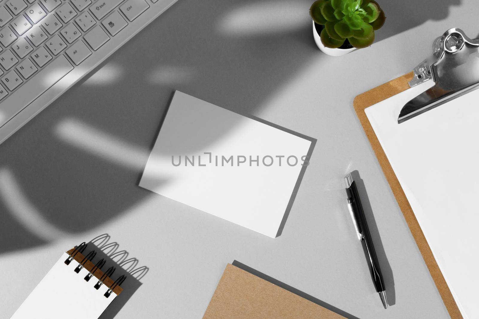 Flat lay composition with blank stationery mock-up, copy space