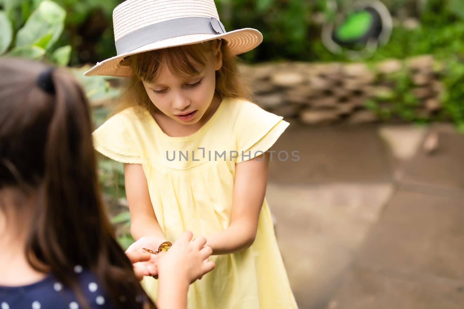 cute little girl holding living beautiful butterfly on her hand