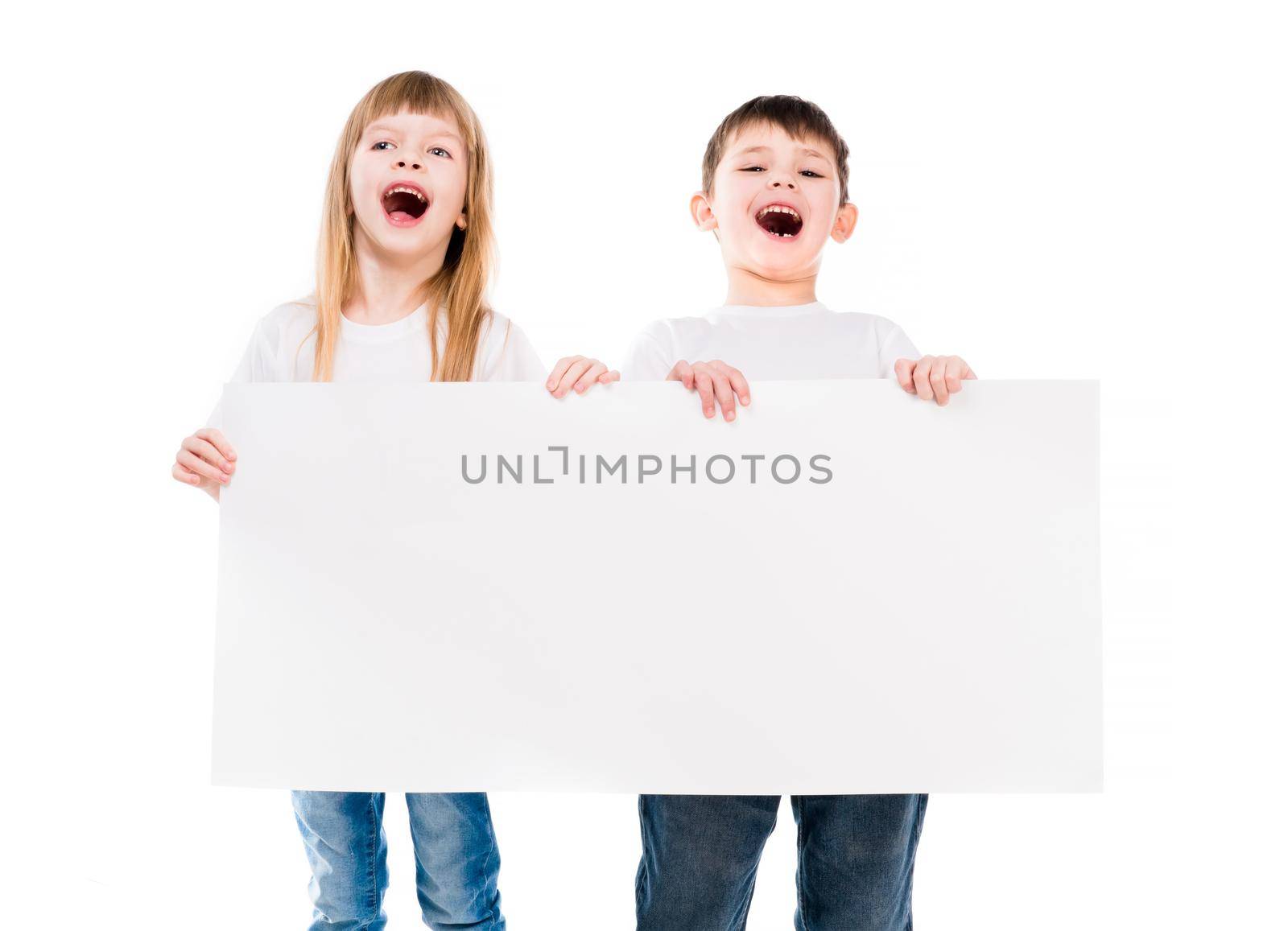 little cute boy and girl holding an empty paper sheet by GekaSkr