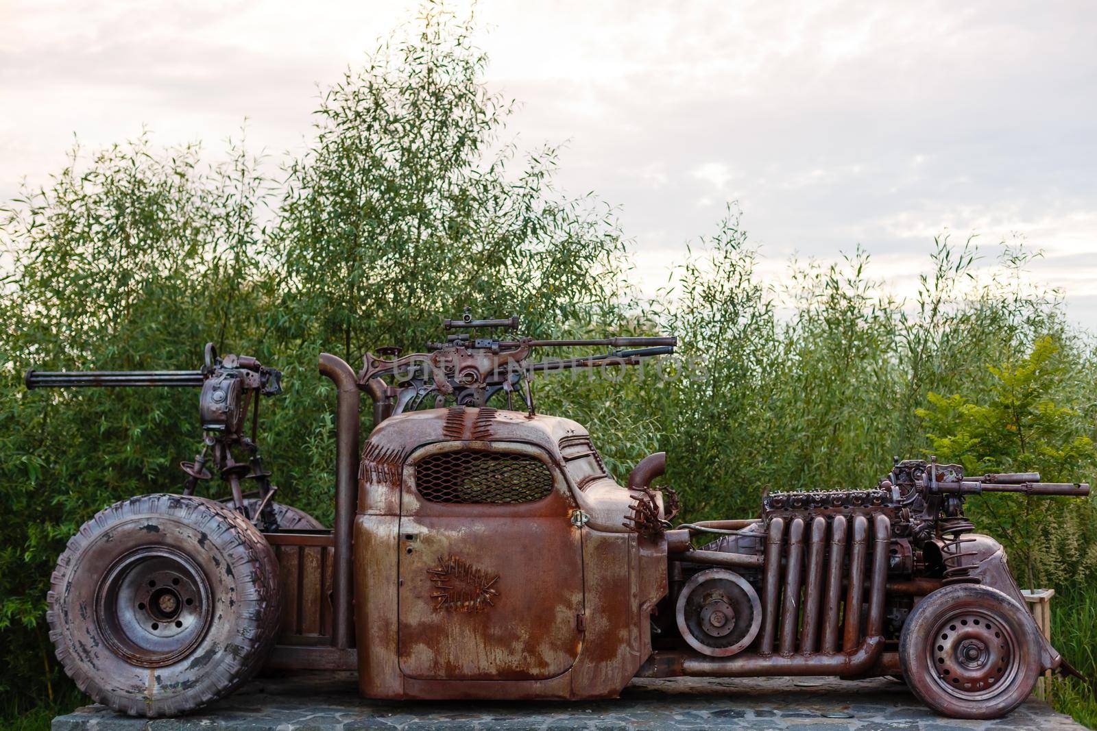 Gurivschina, Ukraine - July 04, 2020: Victoria film studio near Kiev. Film studio in the form of a castle with monsters, zombies car, hut and stranger.