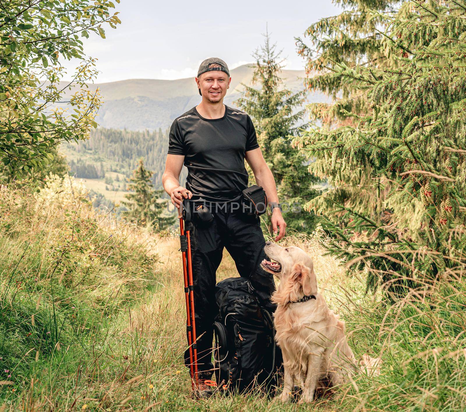 Man with golden retriever dog trekking sunny mountain