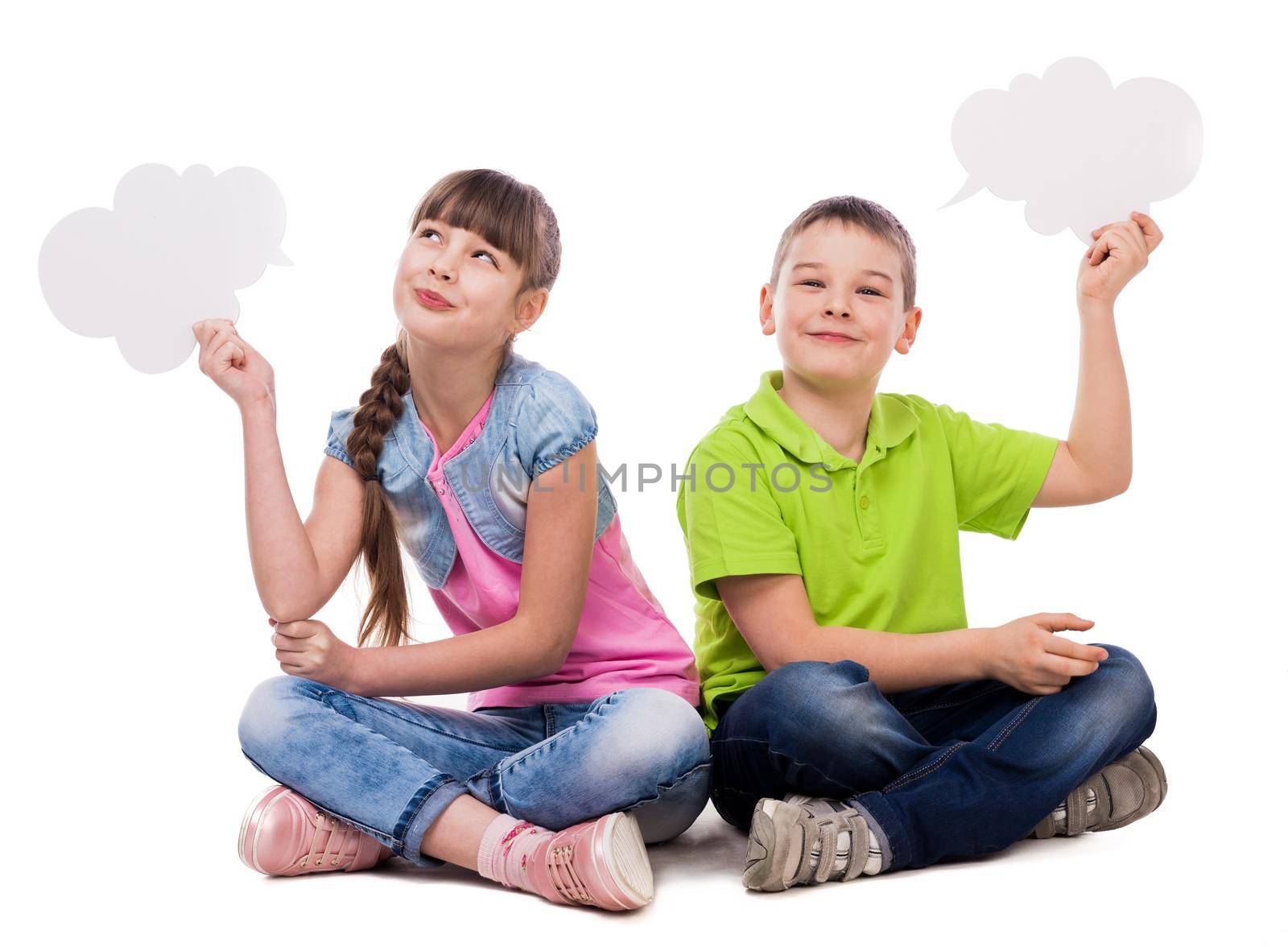 two funny children sitting on the floor with paper clouds in hands by GekaSkr