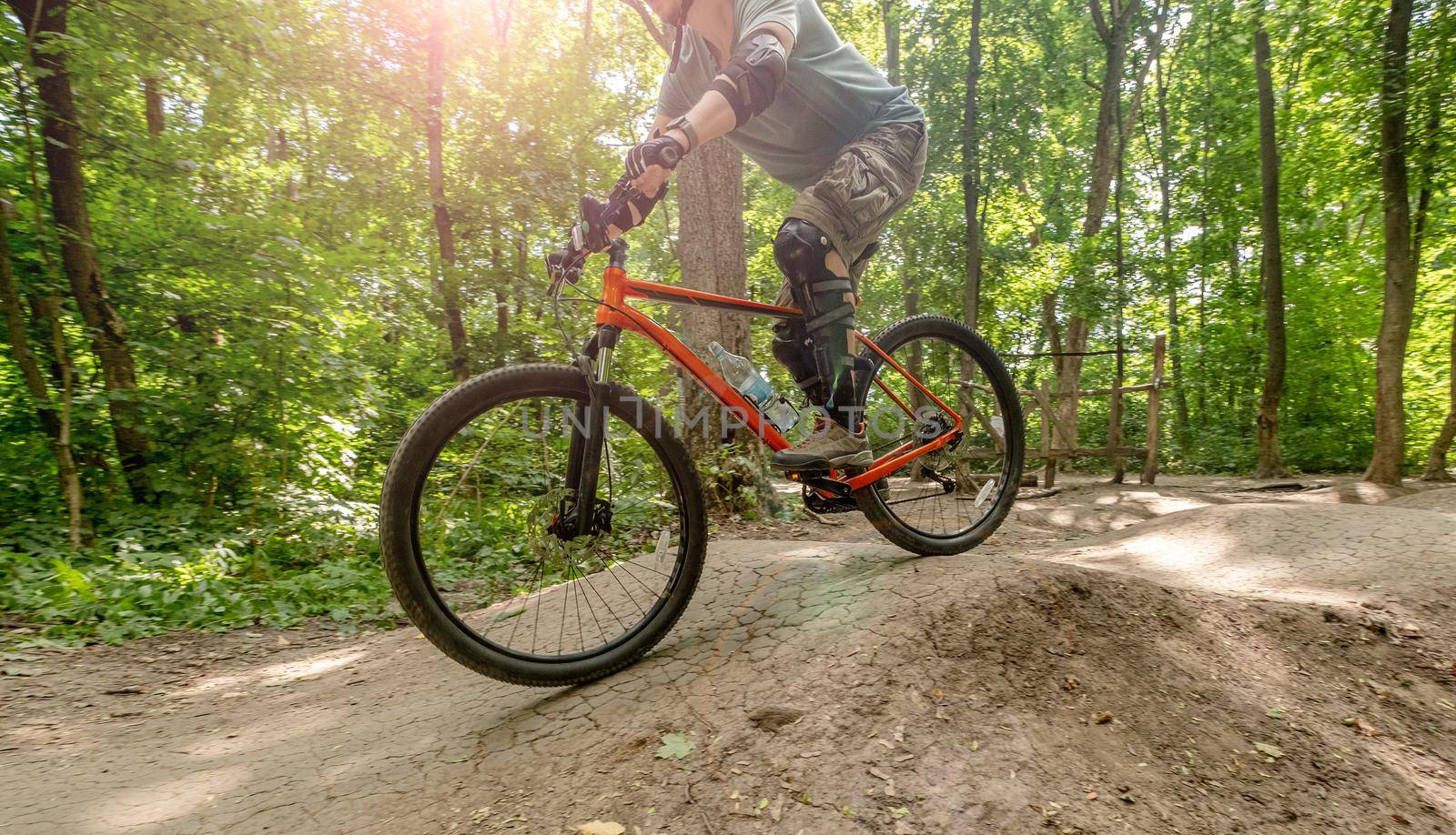 Bicycle with cyclist in sunlights riding in green forest