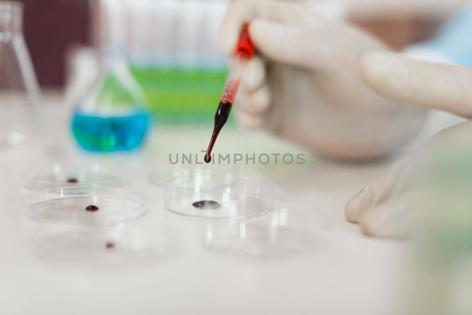 Researcher's hands in a laboratory dripping a blood sample into a Petri dish. Focus on the dropper. Close up photo.