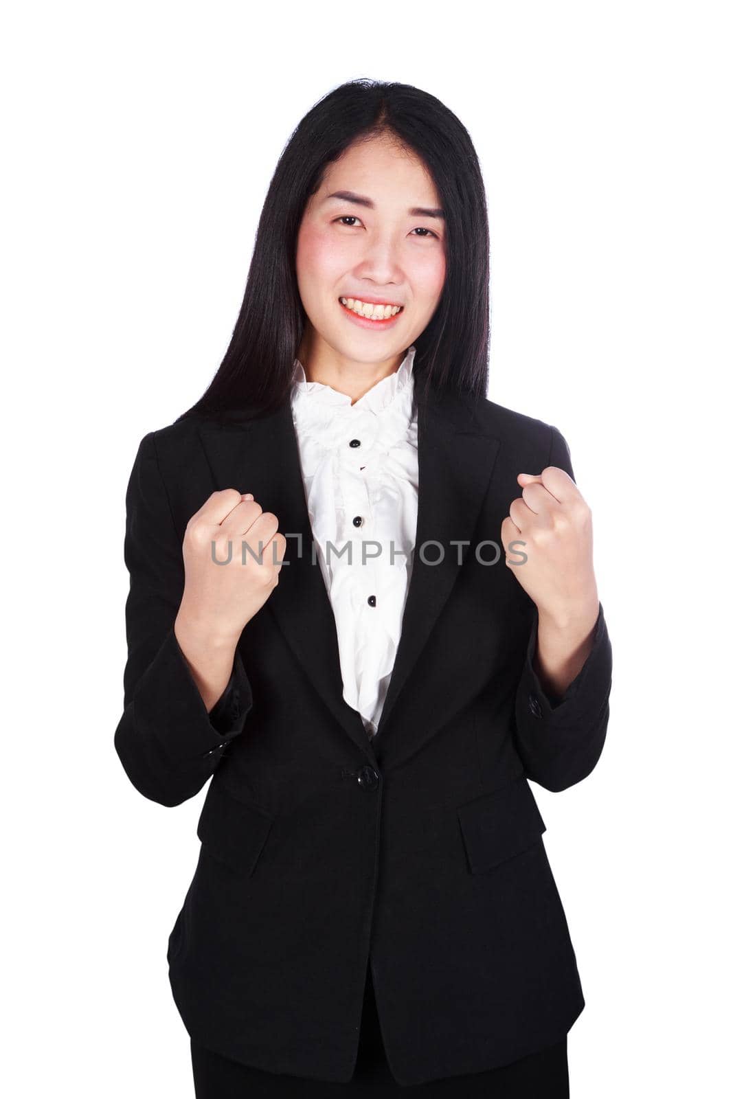 business woman cheering with her arms raised isolated on white background by geargodz