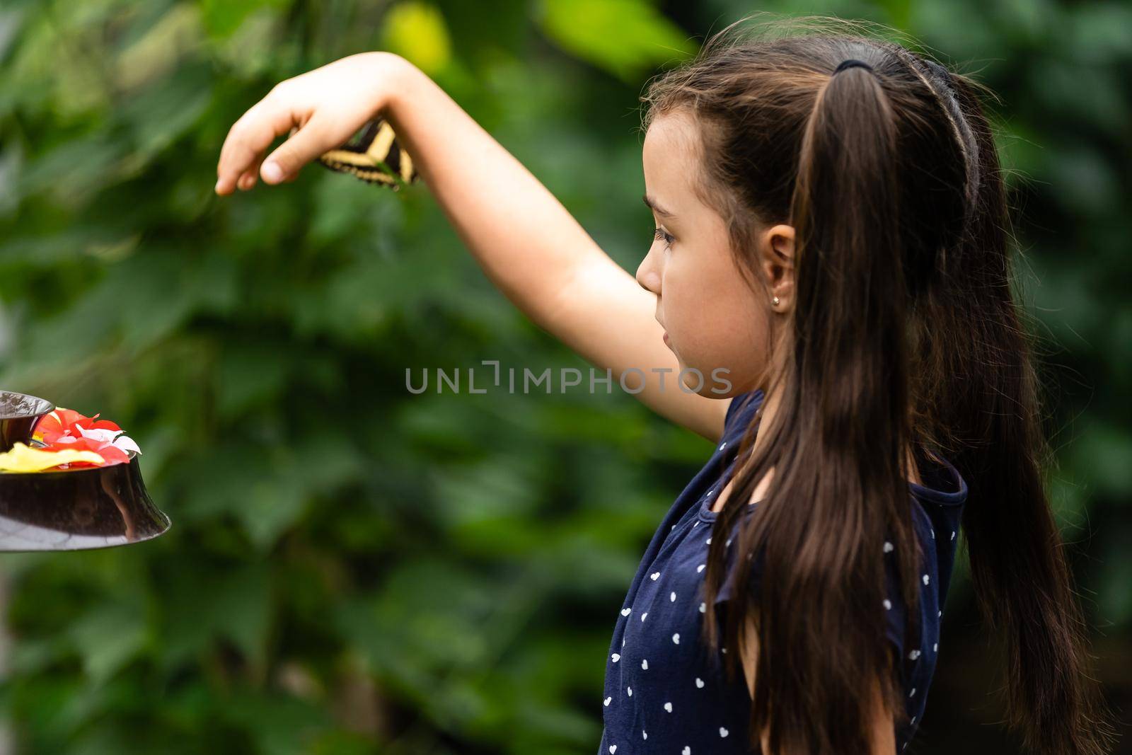 Little girl holding butterfly in her hand.