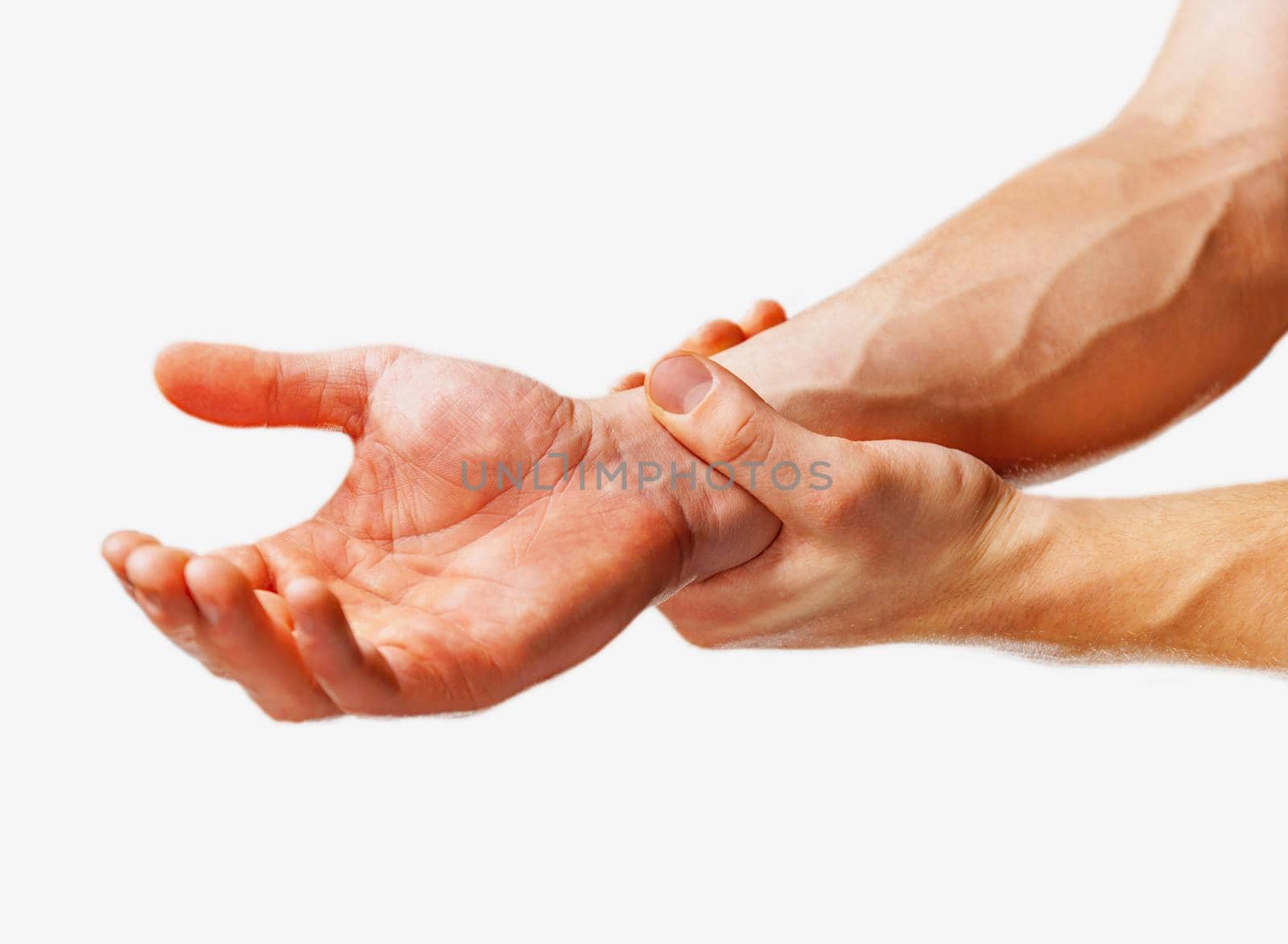 Pain in a male wrist. Man holds his hand, close-up image