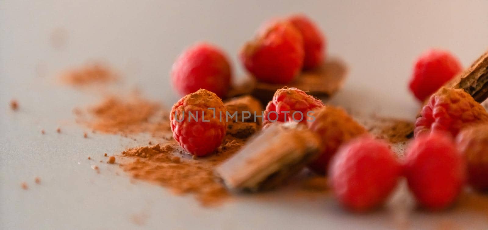 red Raspberry fruit on gray background chocolate