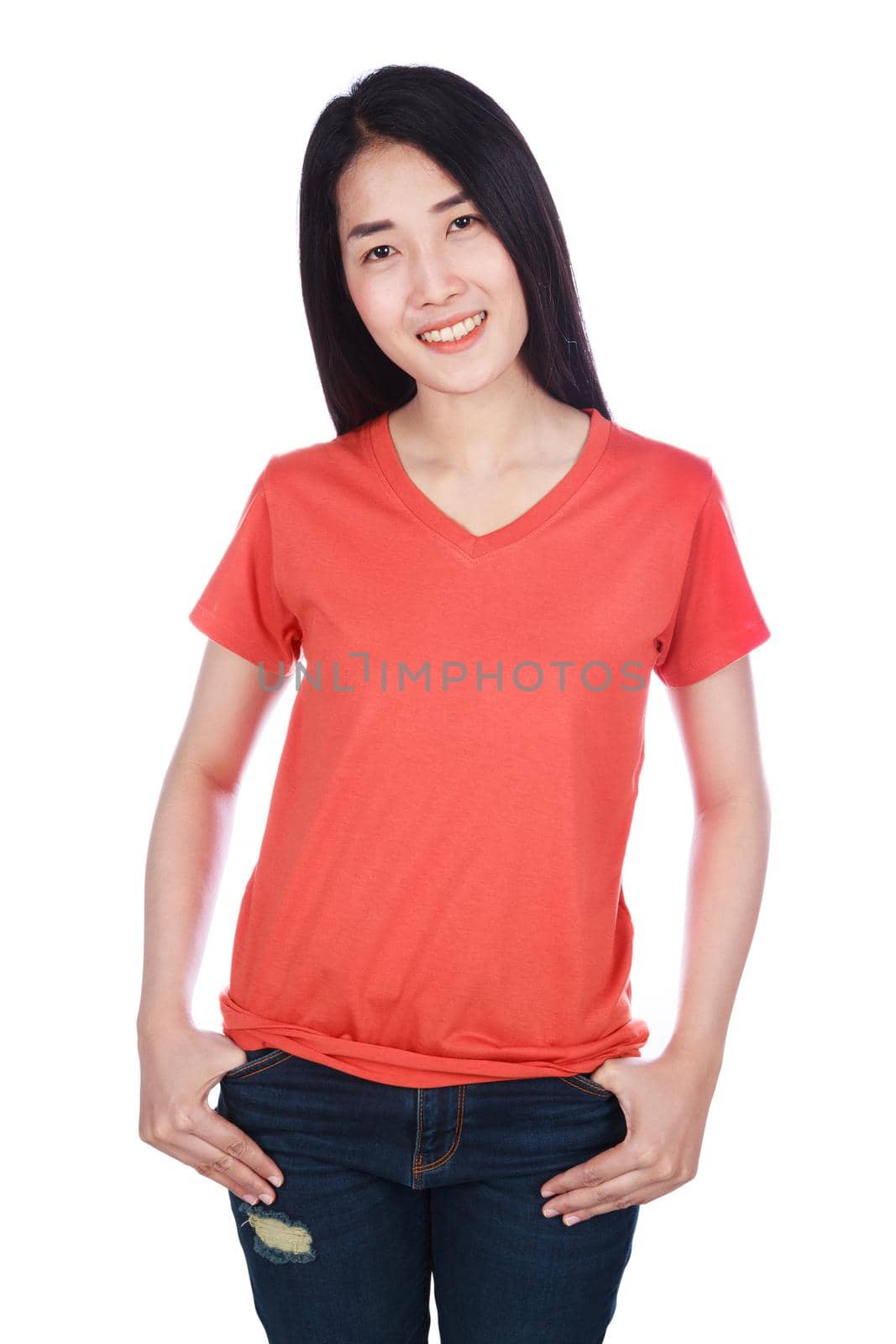 woman in red t-shirt isolated on a white background