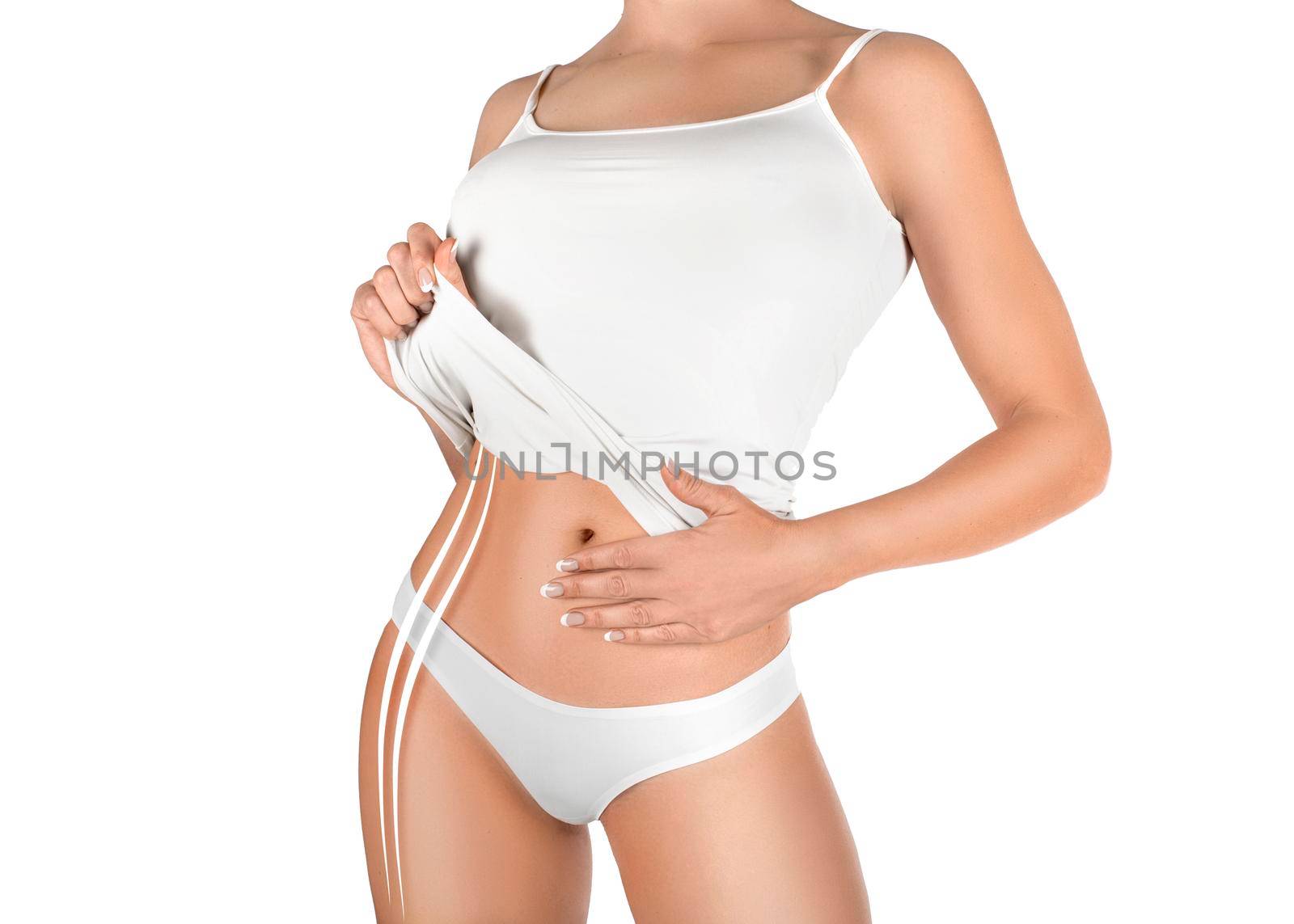 Closeup Female Body In Underwear. Body correction, dieting and fat removing concept.