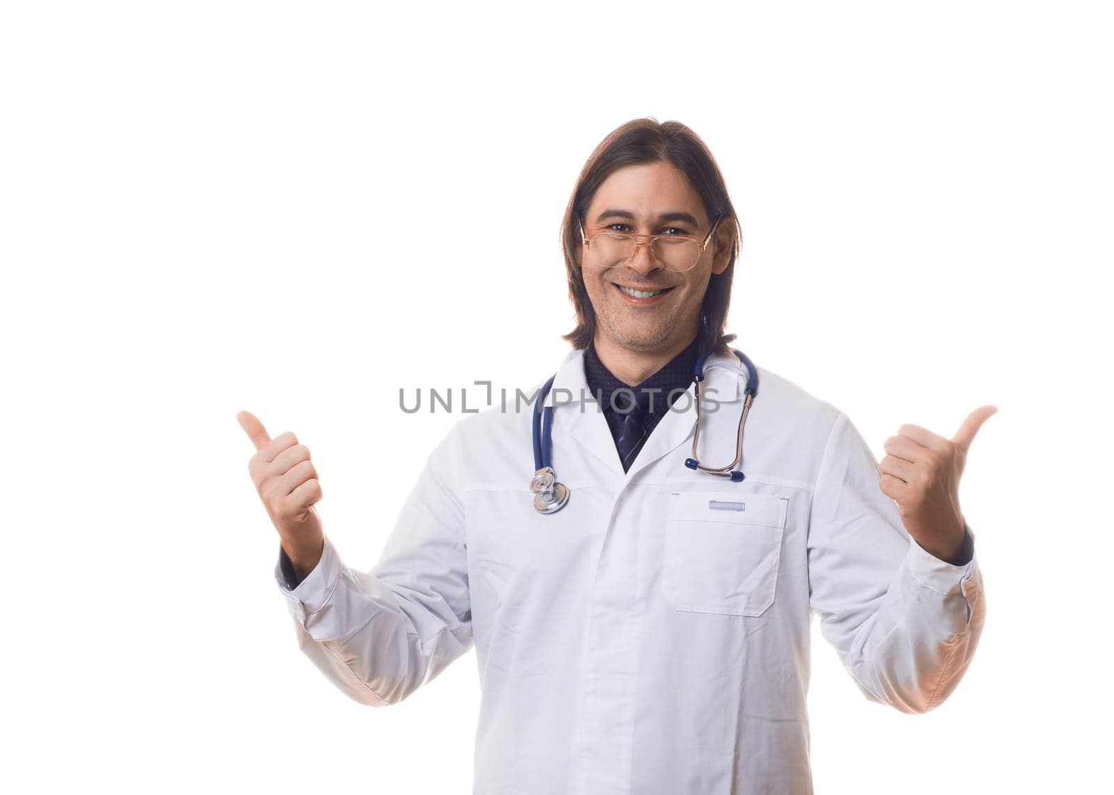 Happy smiling doctor smiling isolated over white background keeps thumbs up.