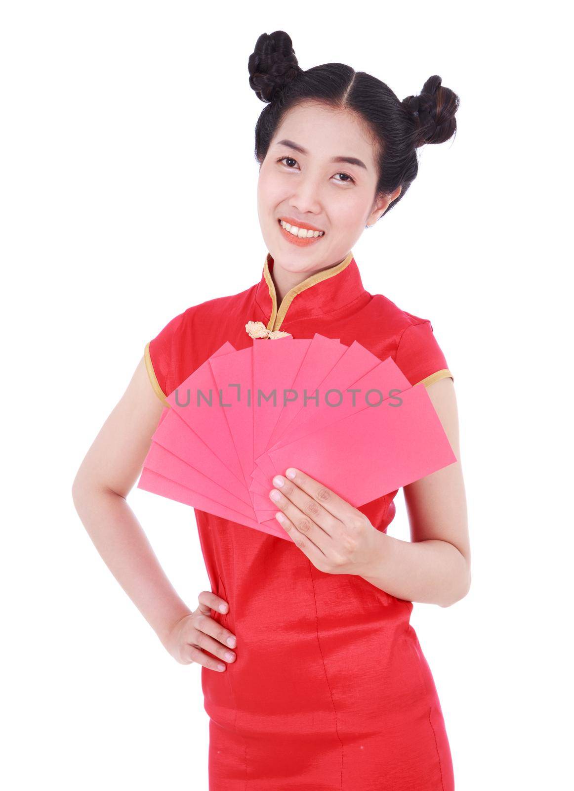 woman wear cheongsam and holding red envelope in concept of happy chinese new year isolated on white background by geargodz