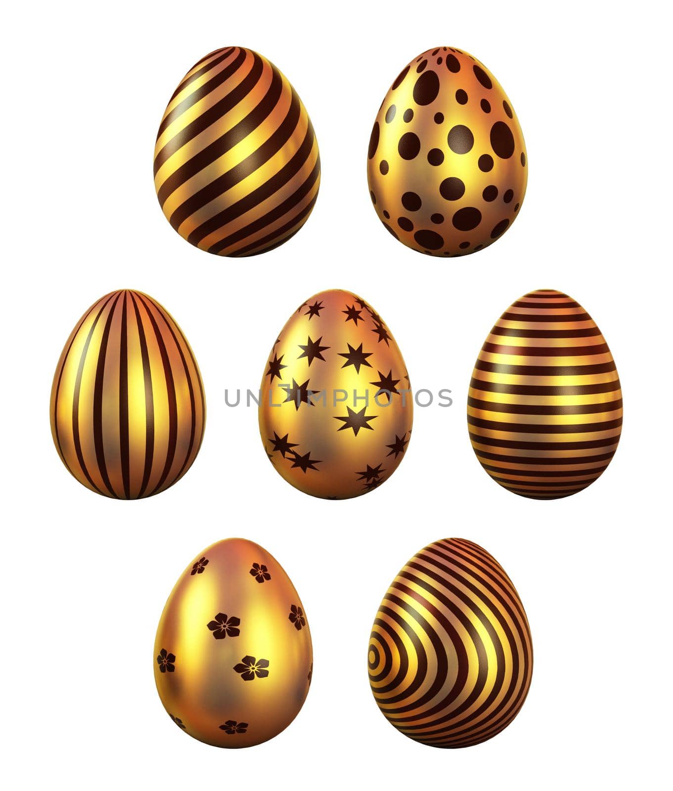 Gold easter eggs with patten set isolated on white background. without a shadow 3D rendering illustration.