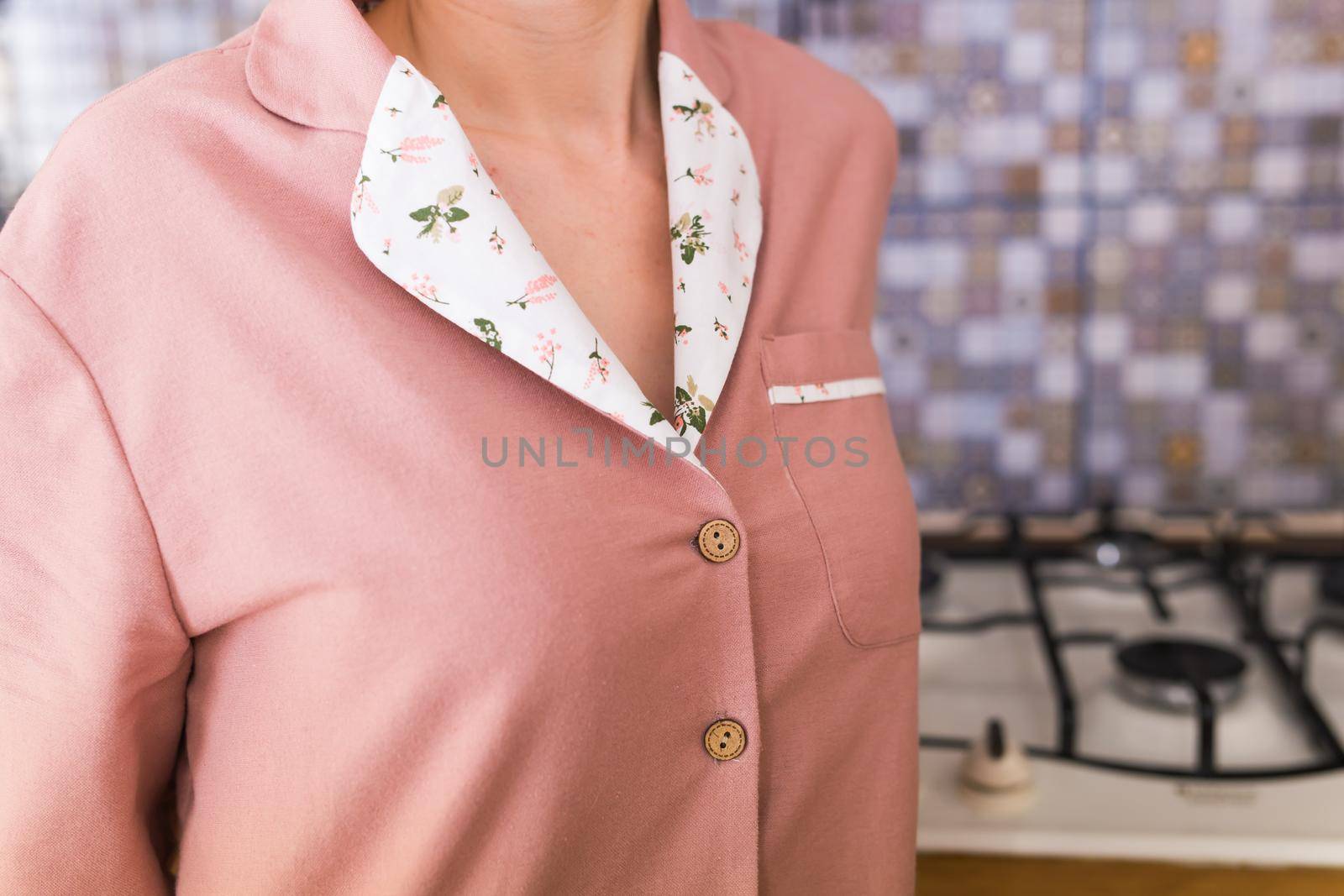 Warm kit homewear. Soft cotton shirt. Comfortable clothes for healthy sleep. Pajamas concept. Close-up