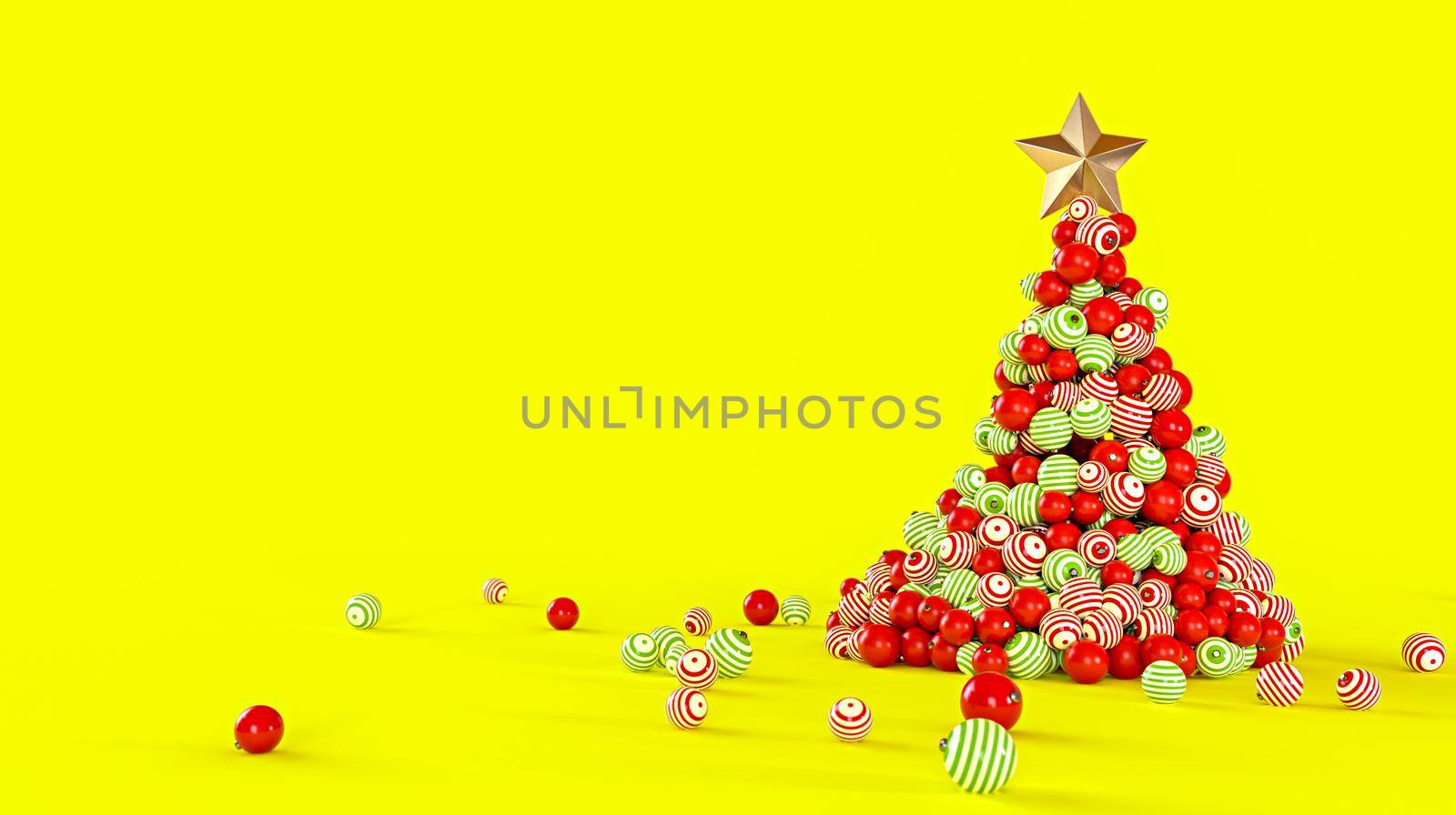Christmas tree made of colorful balls on a yellow background. New Year concept 3D rendering illustration.