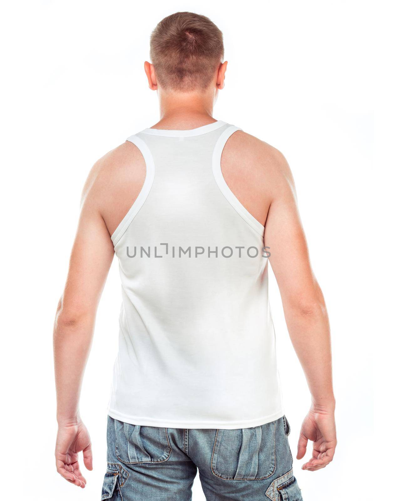 white t-shirt on a young man. back. isolated