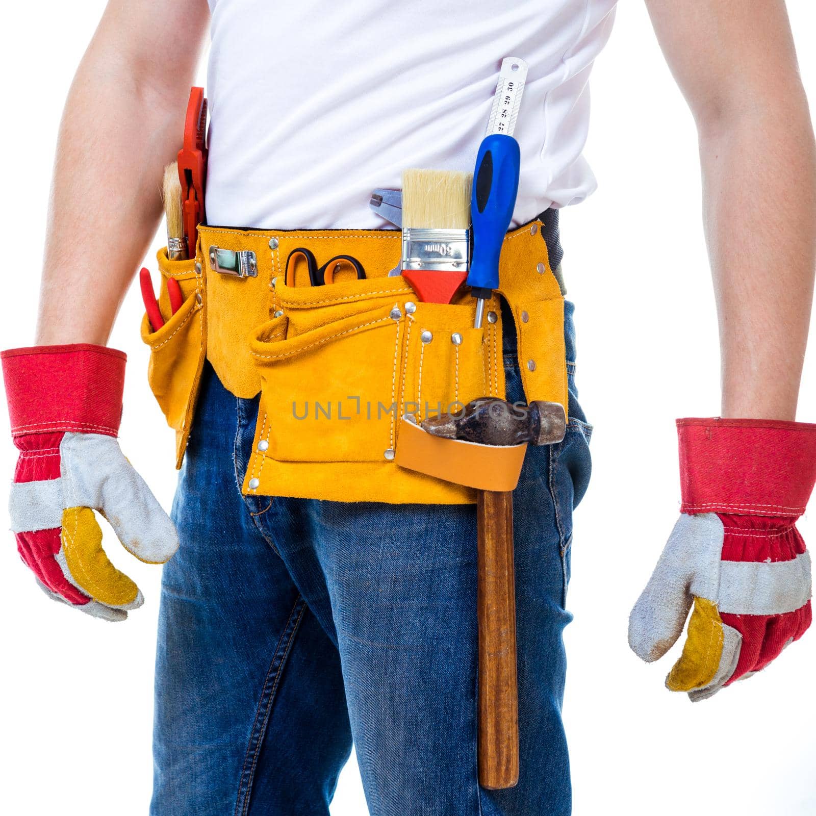 tools belt holding an adjustable wrench