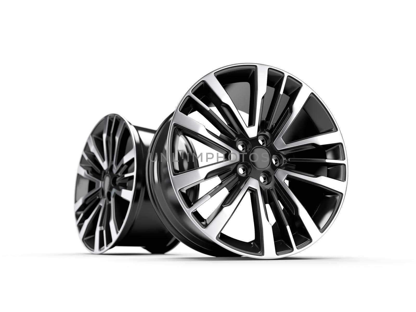 Powder coating of black wheel disk on white background, 3D rendering illustration.