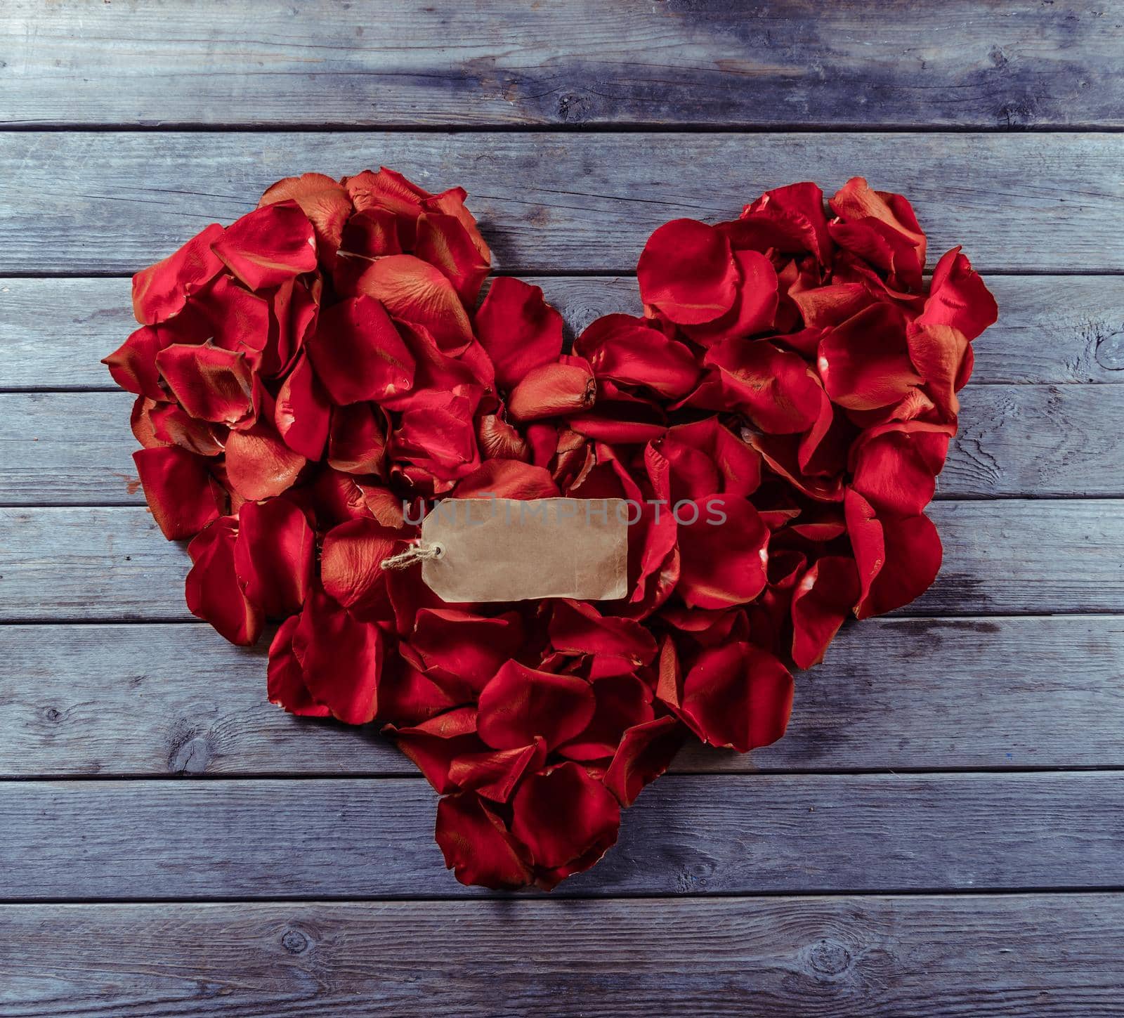 Rose red petals in the shape of heart and blank card, space for text