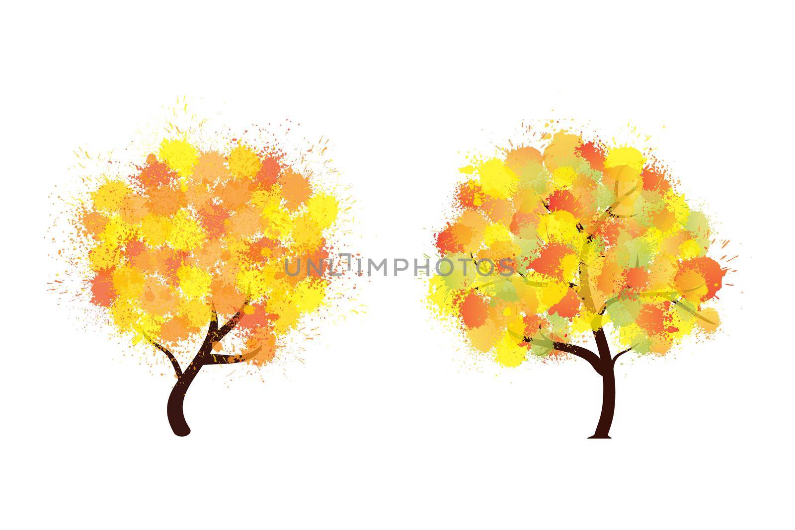 Autumn stylized trees forming by blots watercolor. Colorful paint splash trees with different abstract brush leaves. Eco design style symbols set. Jpeg illustration.