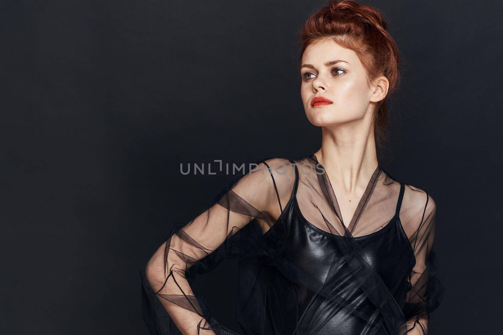 elegant woman in black dress posing cosmetics luxury. High quality photo
