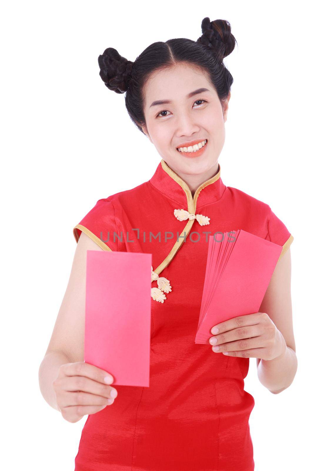 woman wearing cheongsam or qipao giving red envelopes in concept of happy chinese new year isolated on white background by geargodz