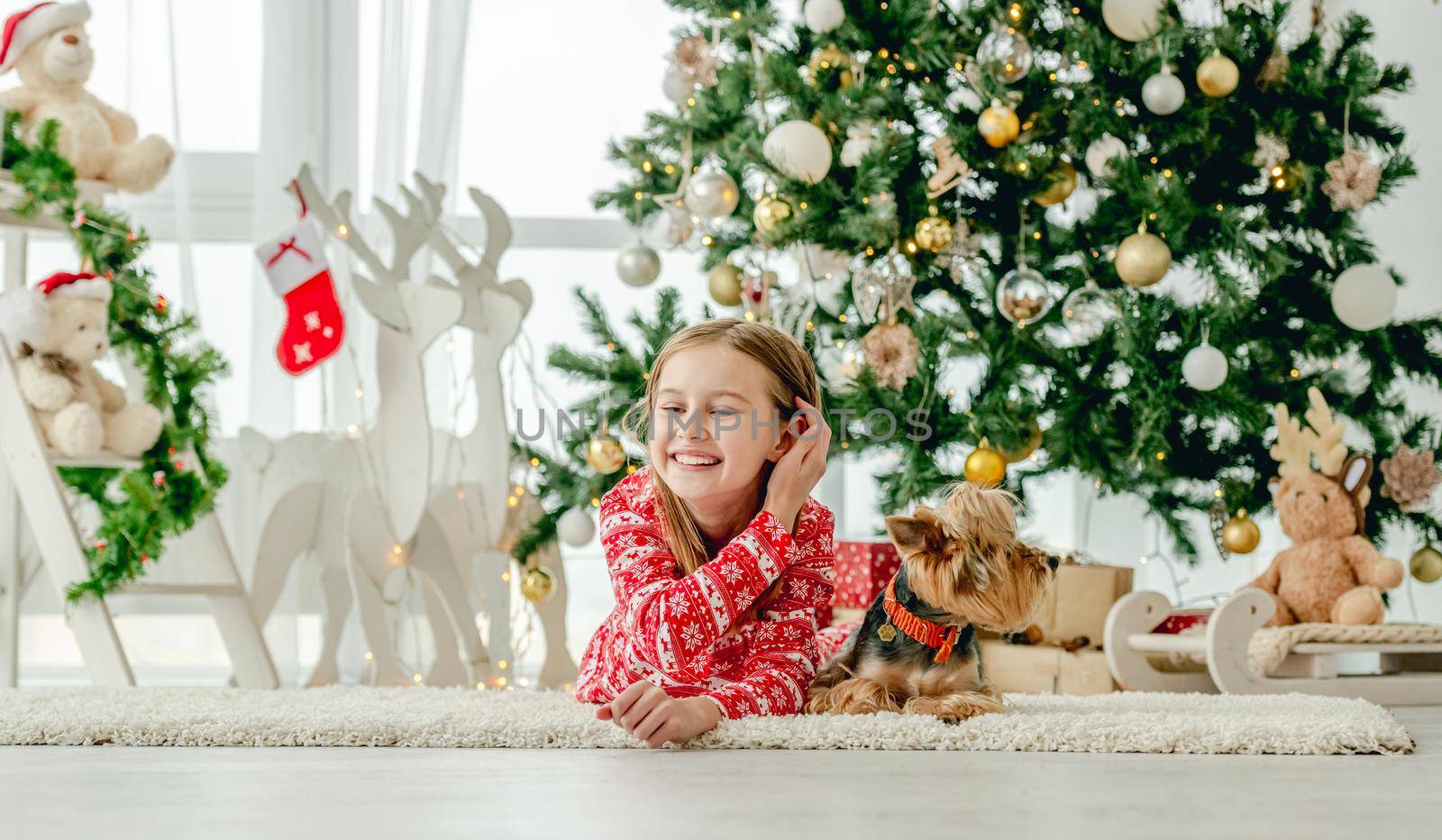 Child girl with dog lying on floor with Christmas tree on background. Kid celebrating New Year and smiling with doggy pet next to her