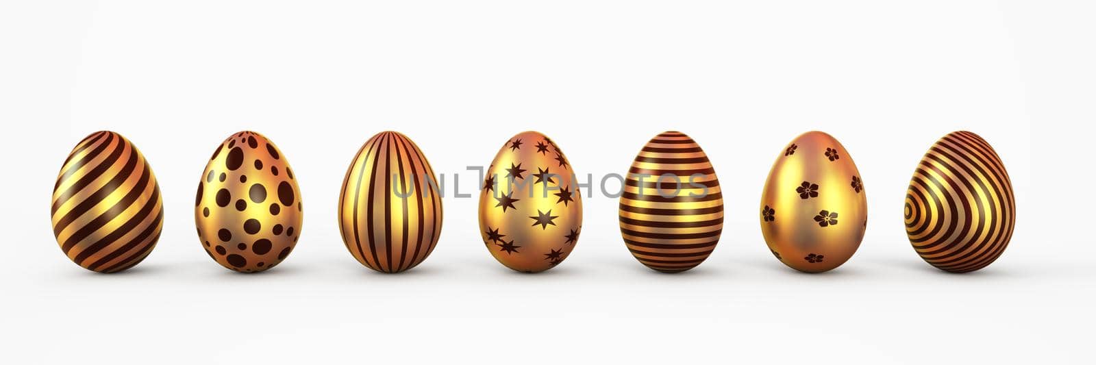 Gold easter eggs with patten set isolated on white background. 3D rendering illustration.