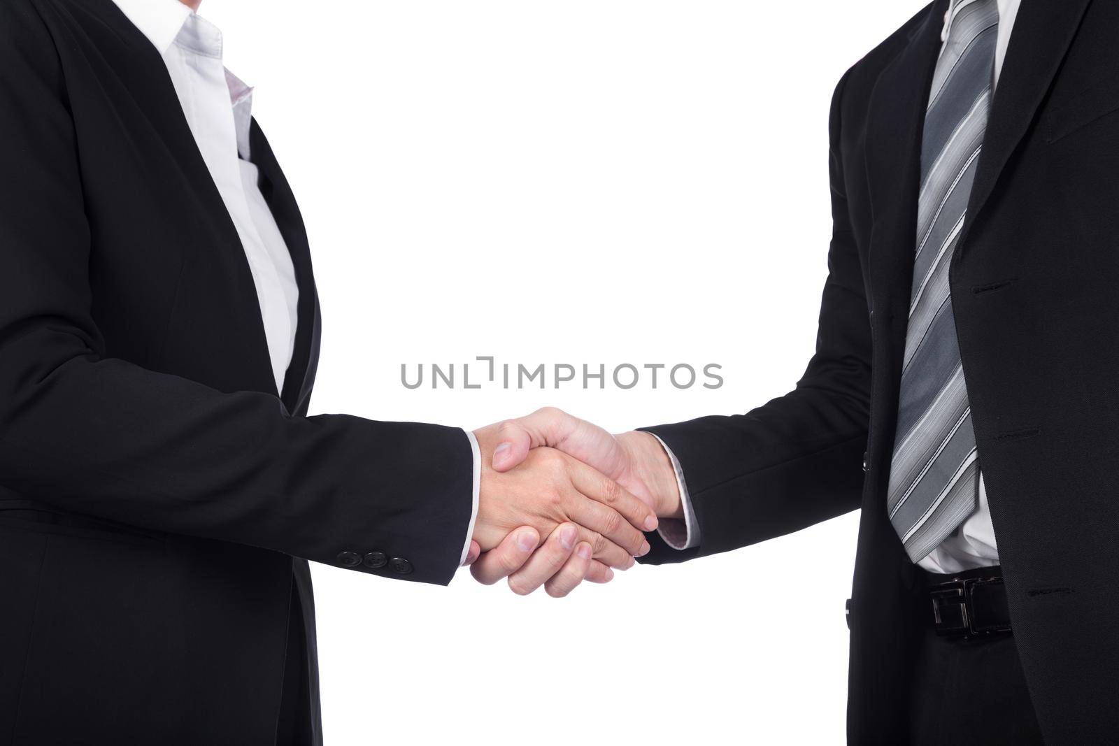 shaking hand between businessman and businesswoman isolated on white  by geargodz