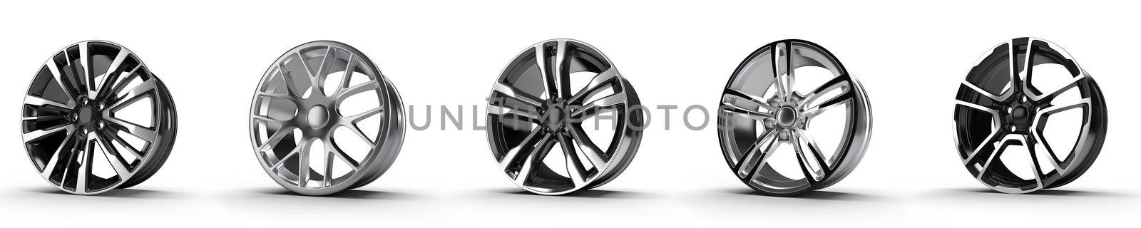 five car disc on a white background 3D rendering illustration.