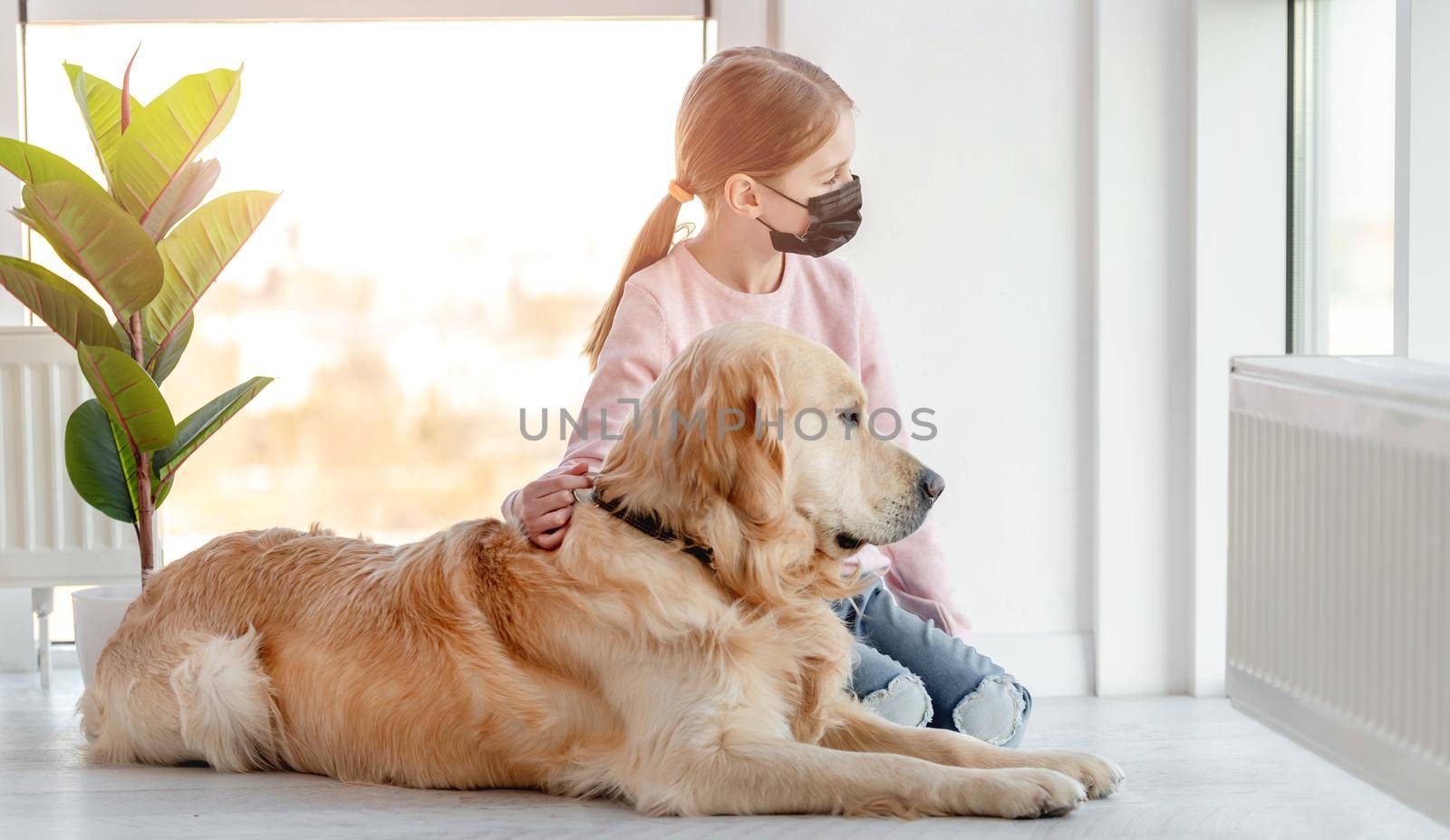 Little girl wearing black mask and golden retriever dog sitting together on the floor and looking out the window