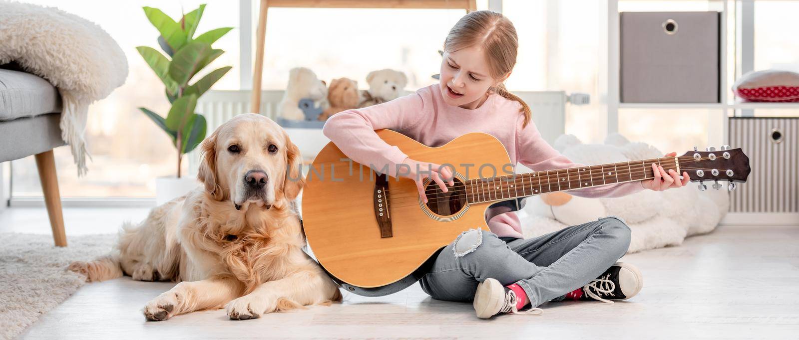 Little girl with guitar and golden retriever dog by tan4ikk1
