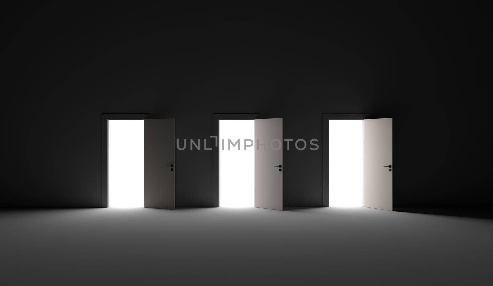 Three open doors in a dark room 3D rendering illustration