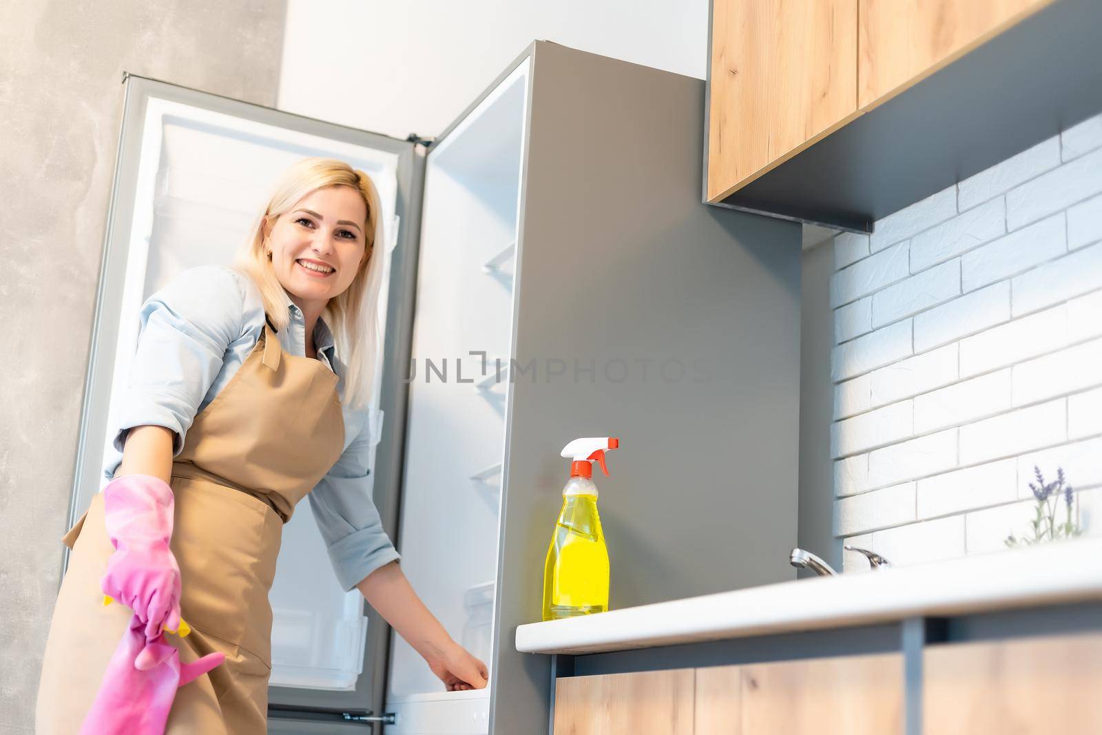 Young woman Cleaning Kitchen Cabinets