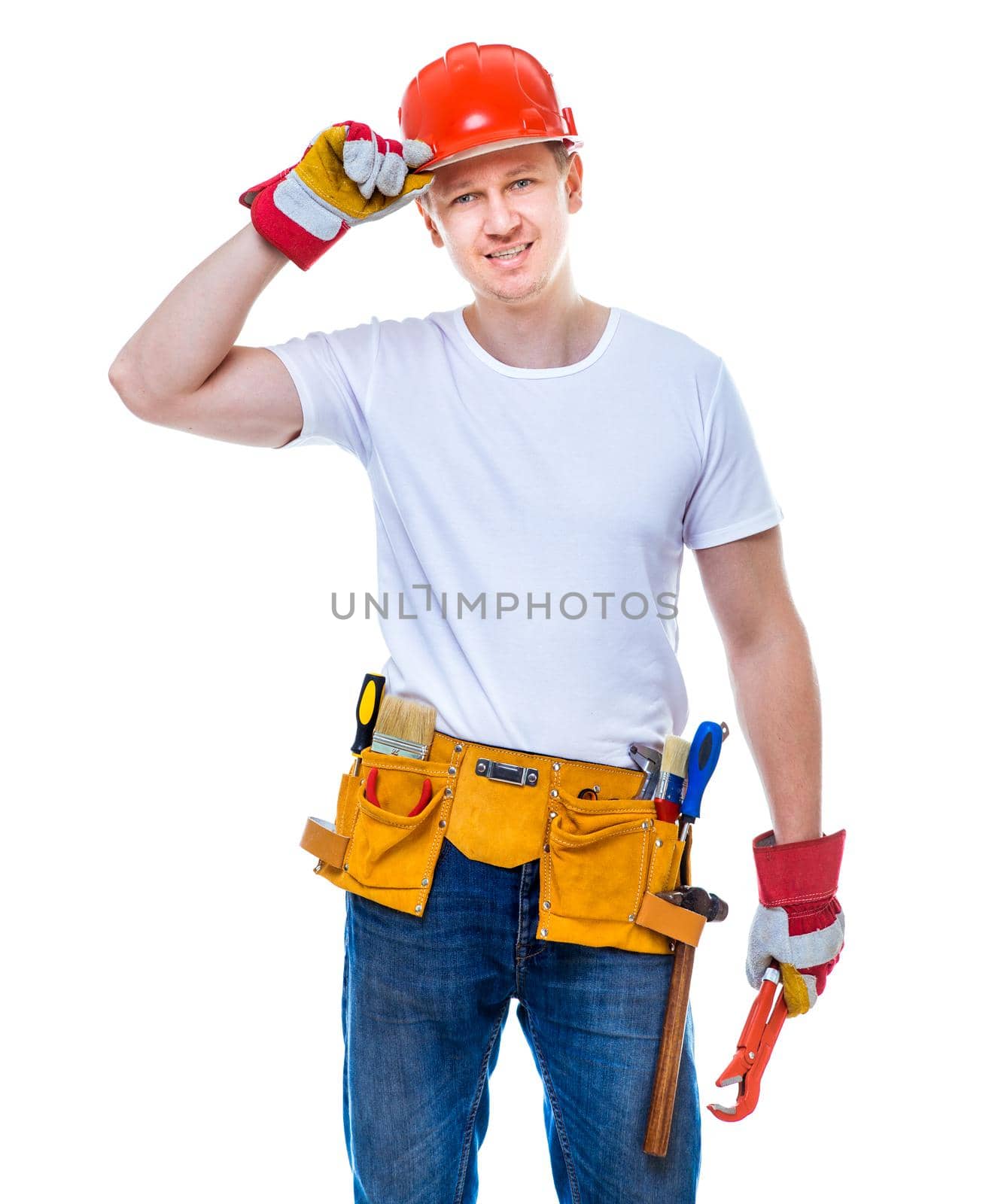handsome worker man in a helmet on a white background