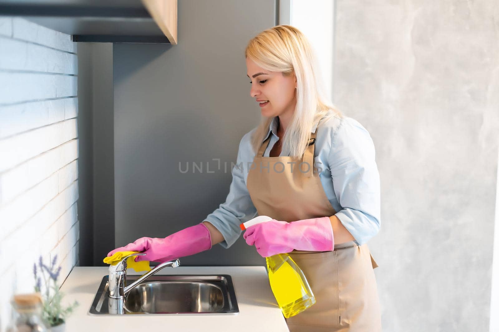 Beautiful young woman makes cleaning the house. Girl rubs dust. by Andelov13