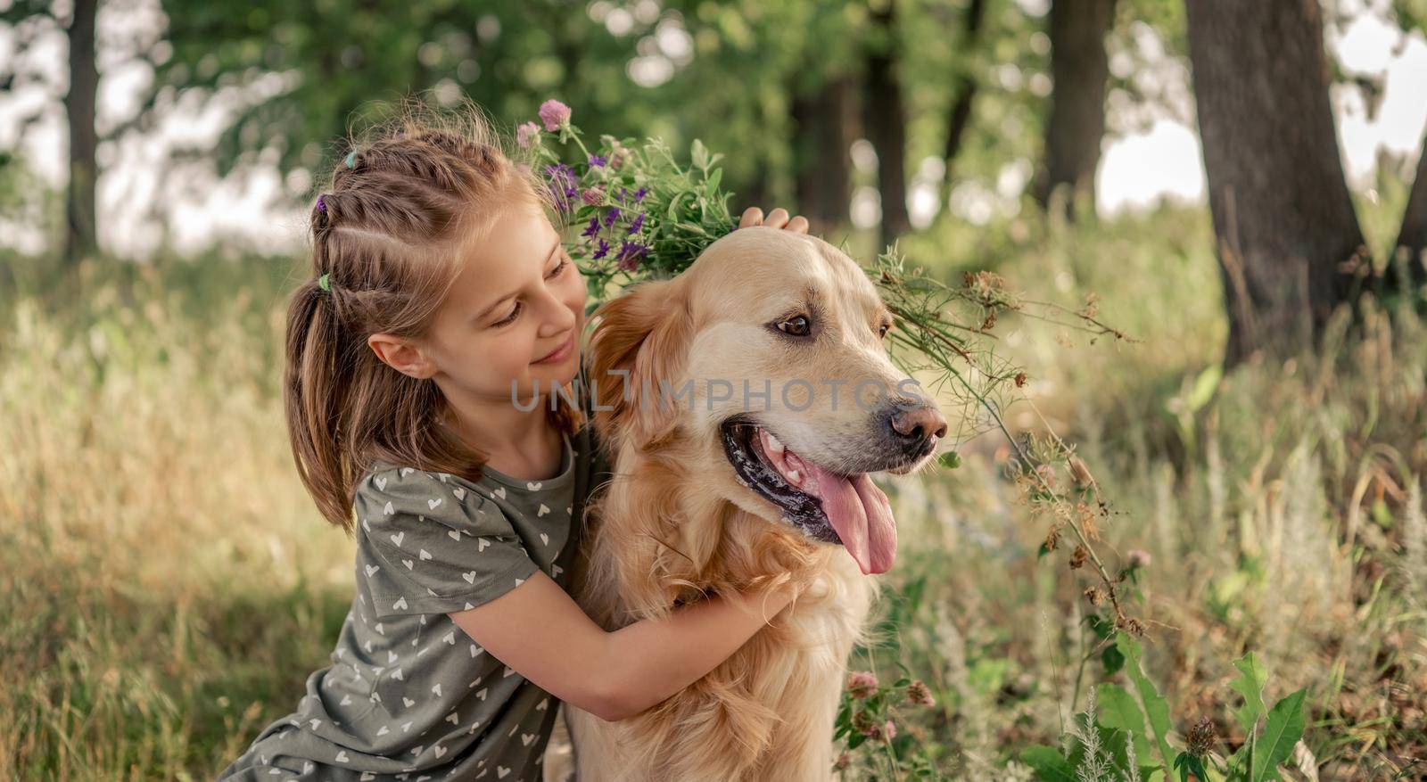 Portrait of beautiful preteen girl petting and hugging golden retriever dog looking at the camera outdoors. Kid with doggy pet in the field in summer time