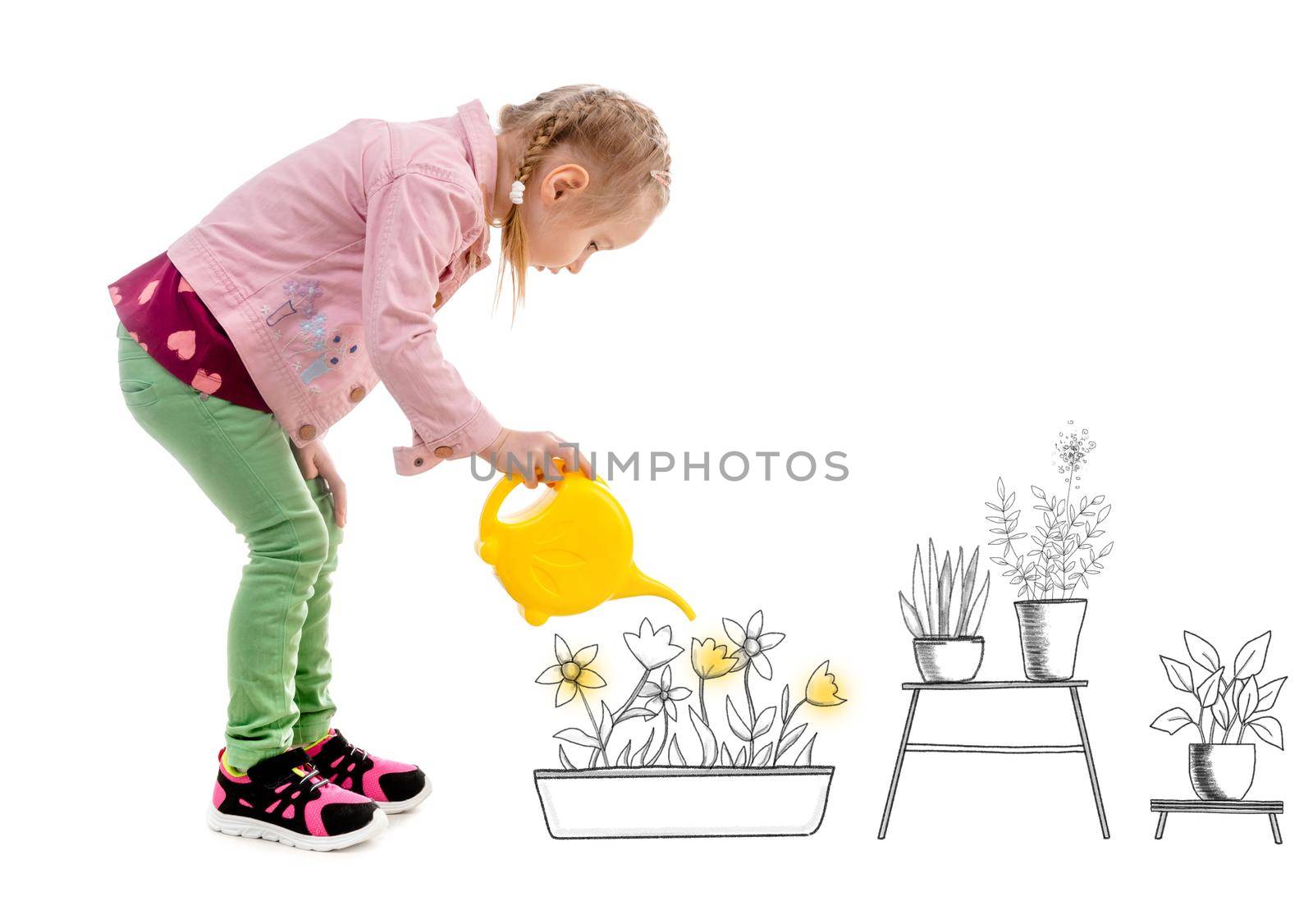 Smiling little girl watering flowers in colored sketch