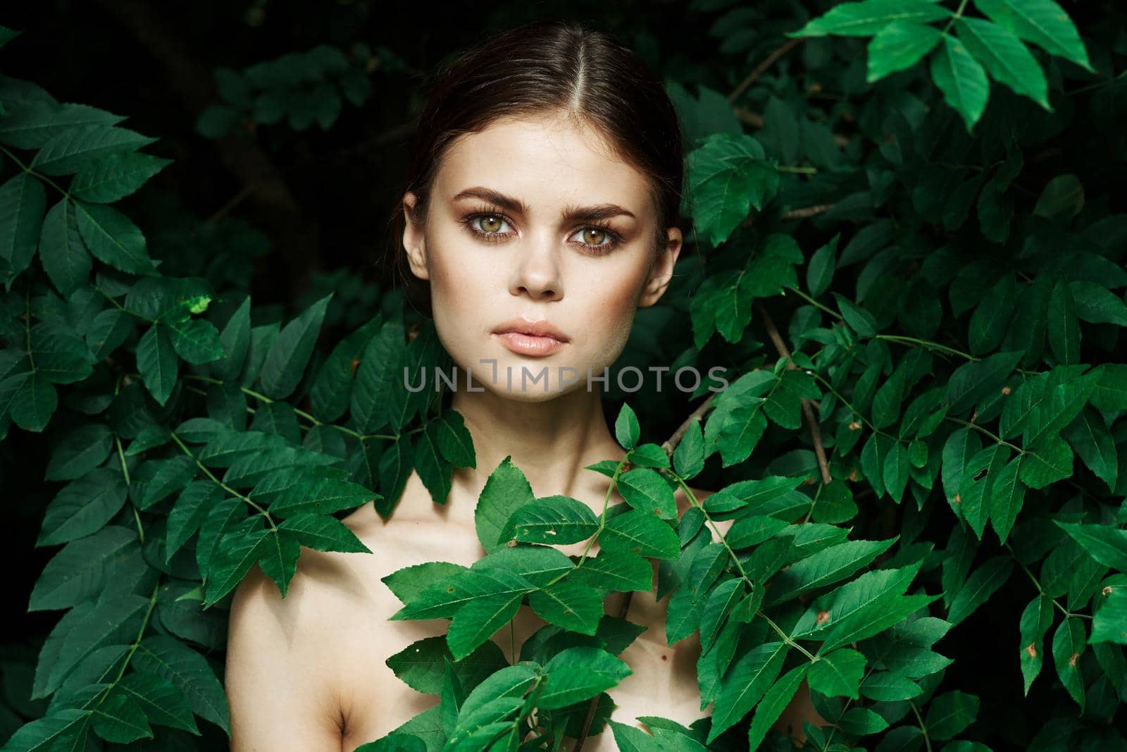 attractive woman green leaves clean skin nature summer Lifestyle. High quality photo