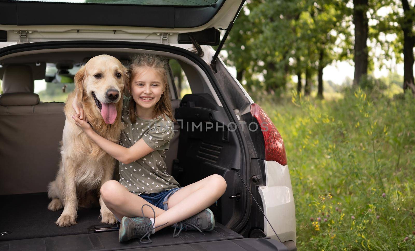 Preteen girl with golden retriever dog in the car by tan4ikk1