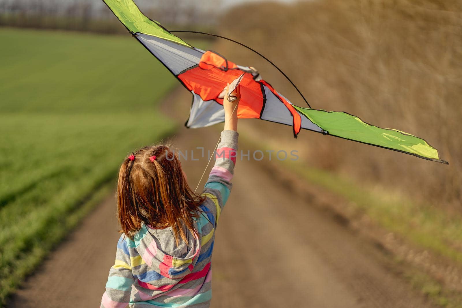 Back view of lovely little girl flying kite in nature