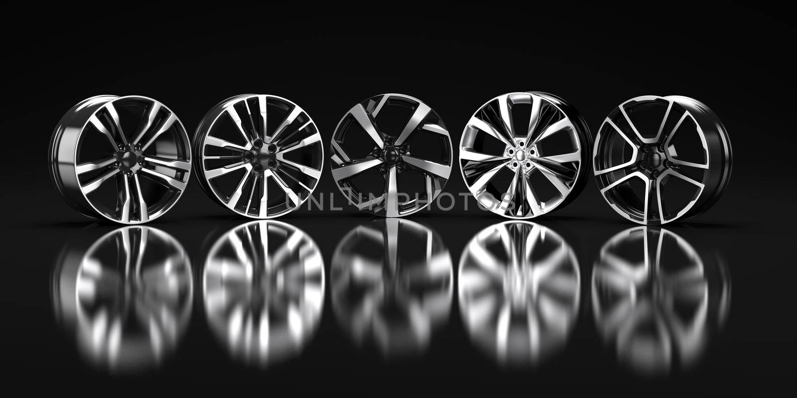 five car disc on a black background 3D rendering illustration.