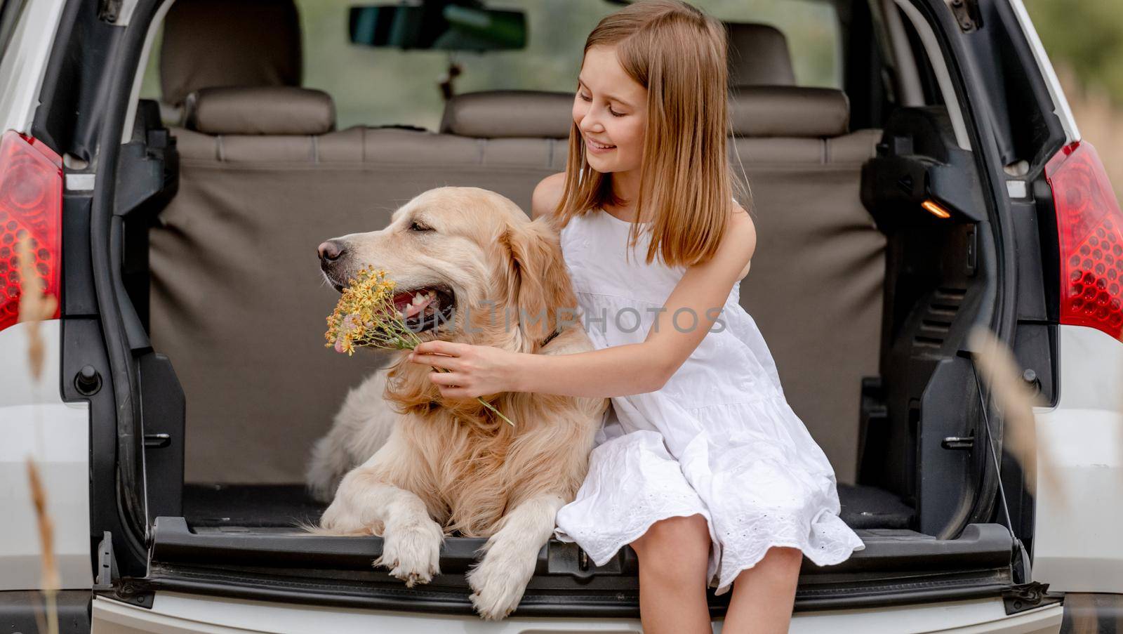Preteen girl with golden retriever dog in car trunk by tan4ikk1