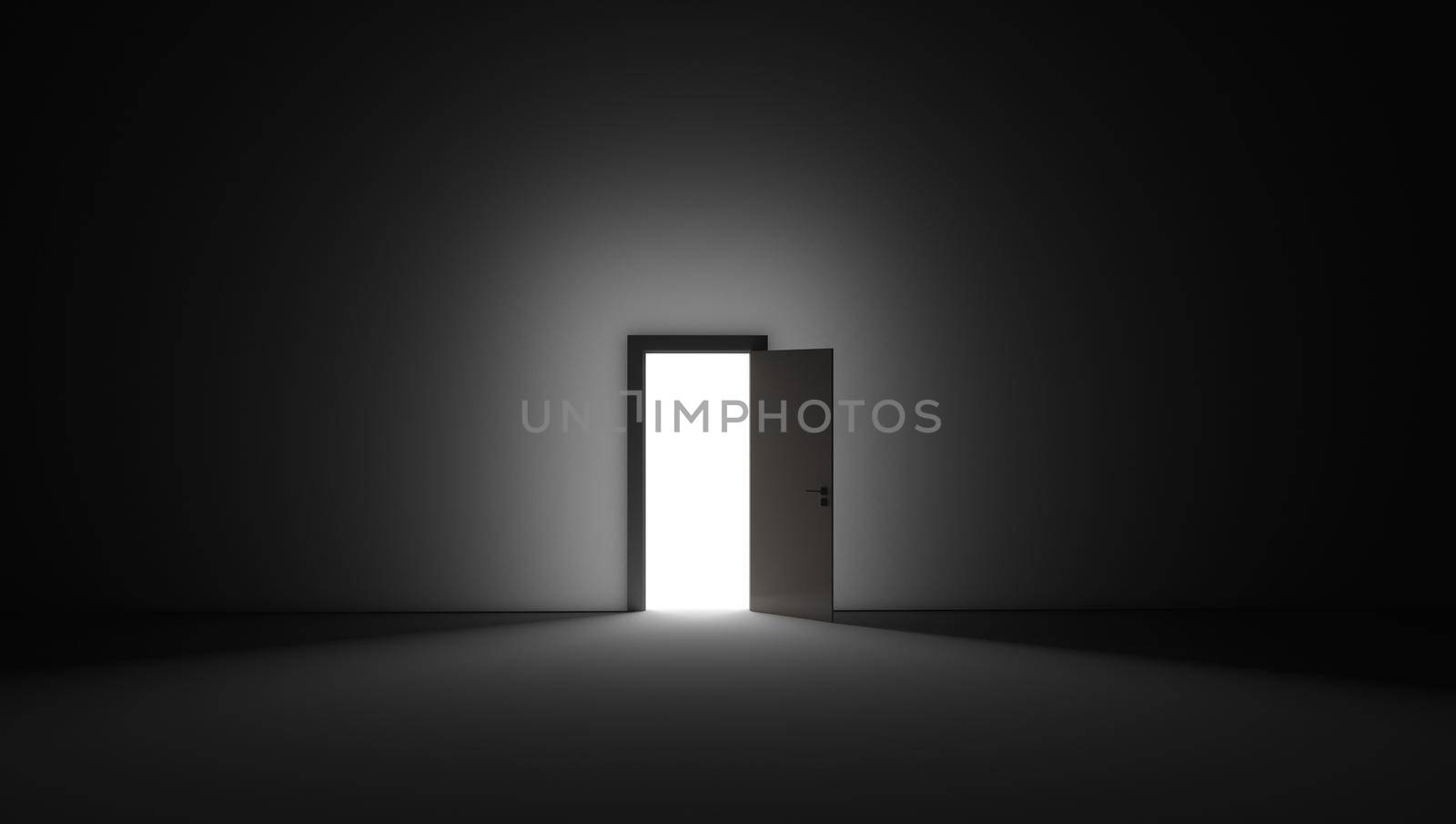 An open door with bright light streaming into a very dark room. Background Illustration. 3D rendering illustration