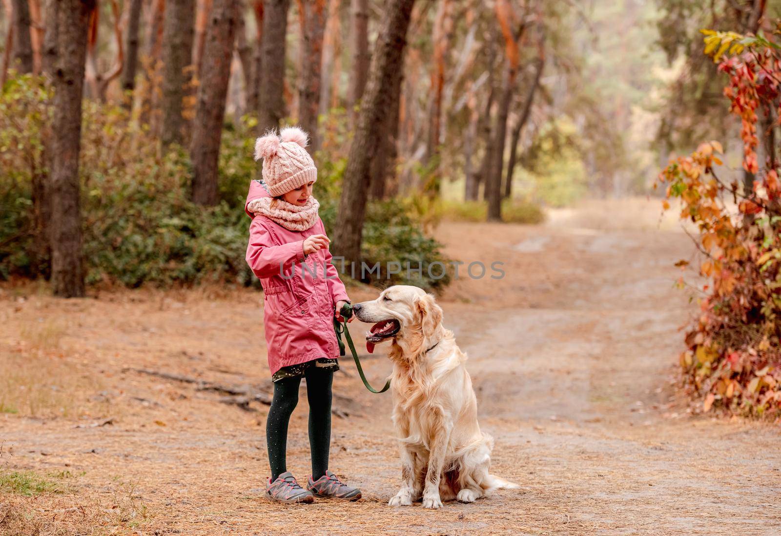 Little girl with dog running into forest by tan4ikk1