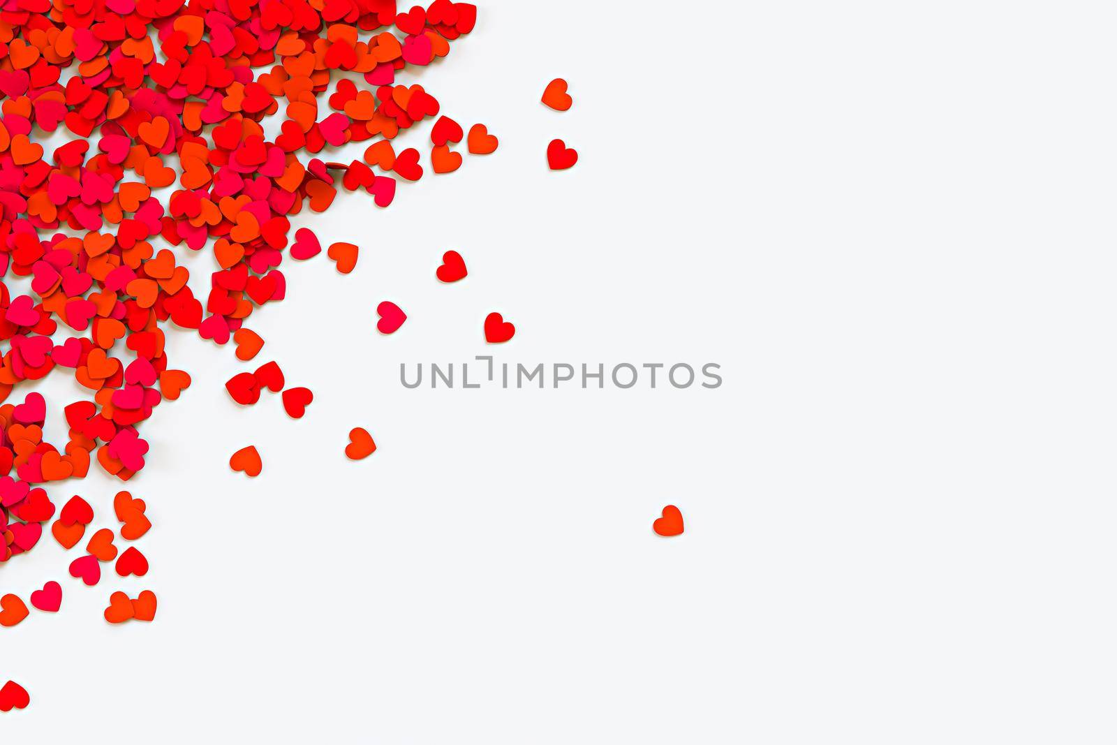 Red hearts confetti. Scatter cornered border on white valentine background. 3D rendering illustration