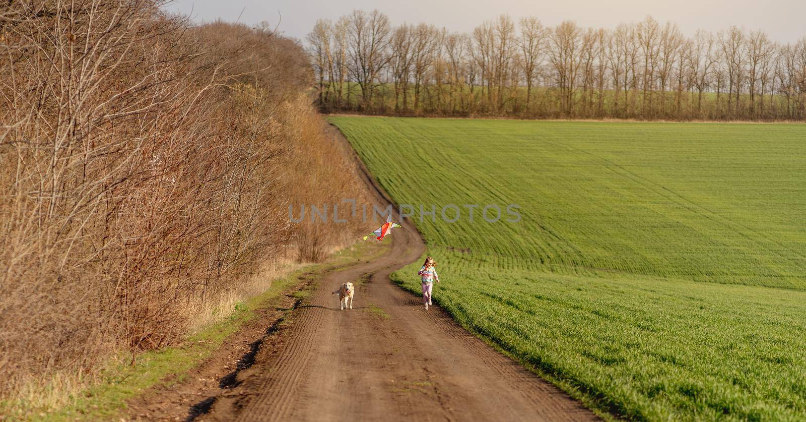 Little girl with dog flying bright kite outdoors in spring