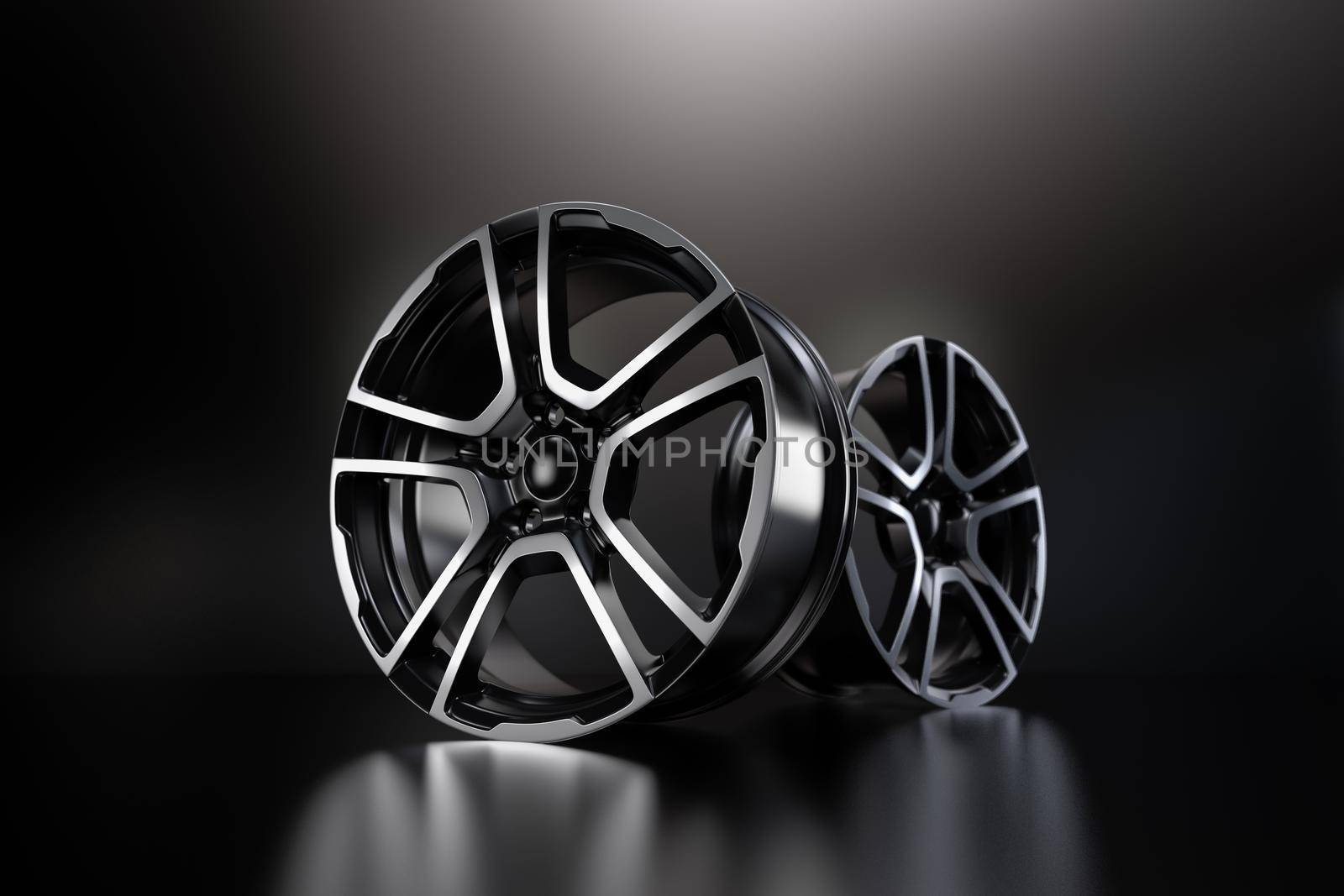 car alloy wheel, isolated on black 3D rendering illustration.