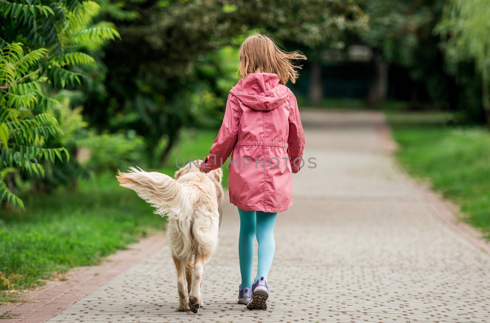 Rear view of little girl walking with dog along road in park